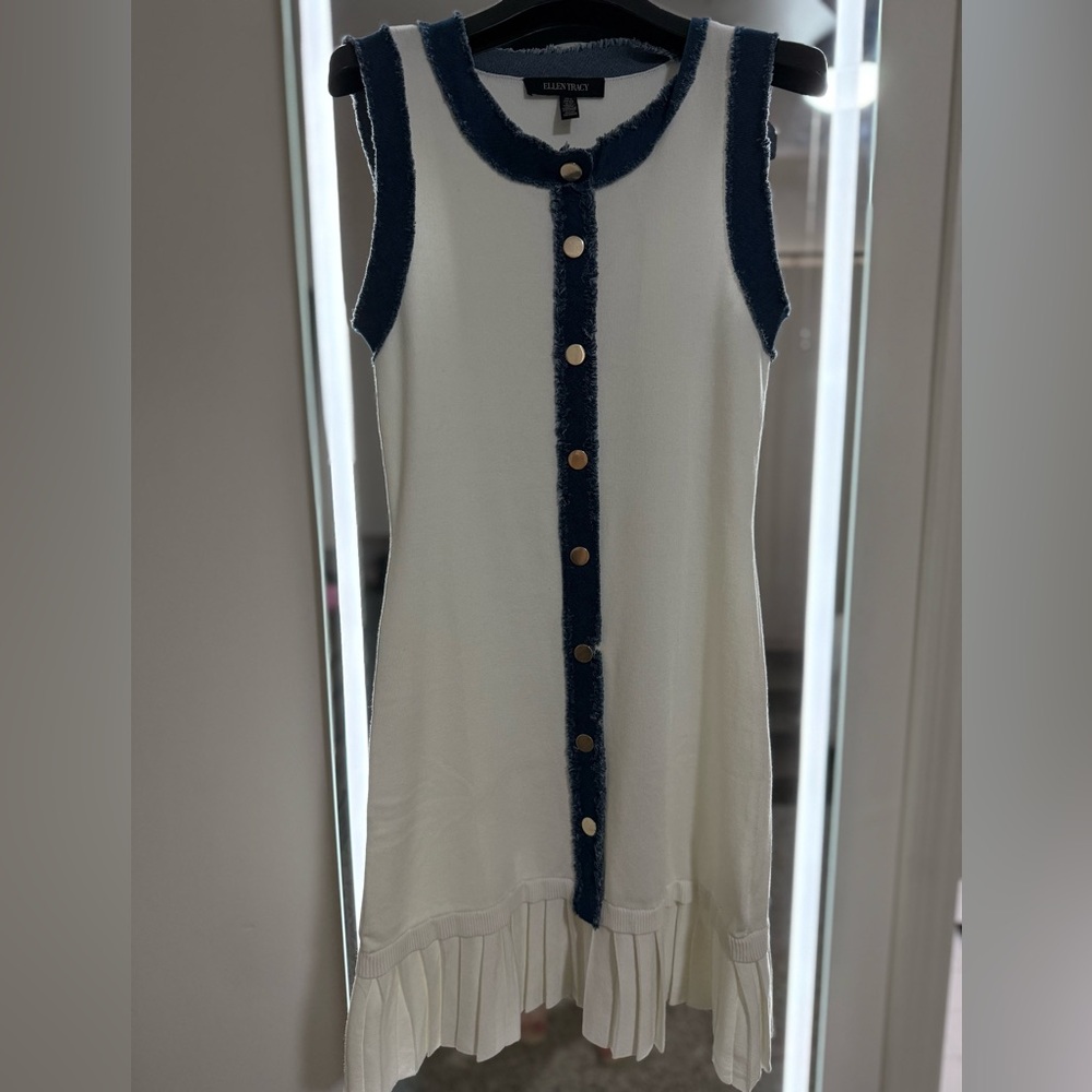 White and Blue Dress with Gold Button Sleeveless Denim Trim Dress